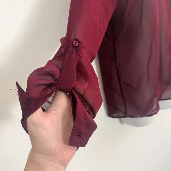Full Tilt Sheer Burgundy Button-Down Blouse | Size M - Picture 7 of 10
